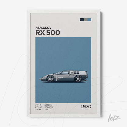 quadro com ilustração minimalista do carro Mazda RX 500 em moldura branca