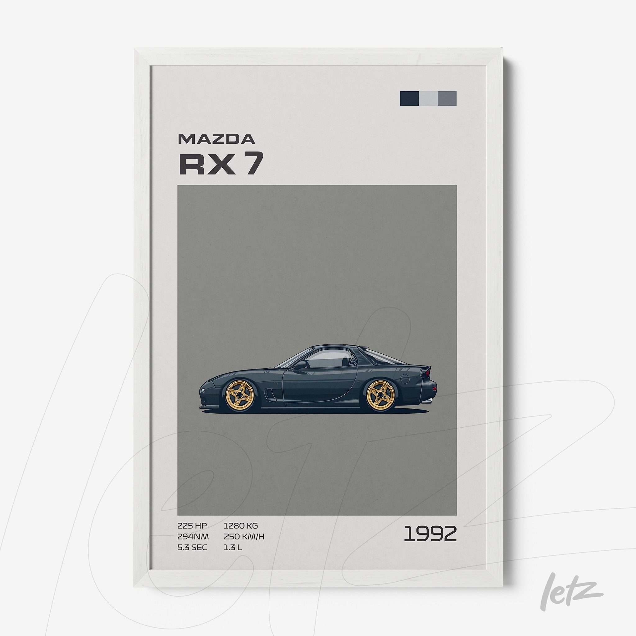quadro com arte digital do carro Mazda RX7 de 1992 em moldura branca
