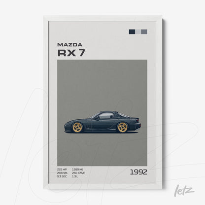 quadro com arte digital do carro Mazda RX7 de 1992 em moldura branca