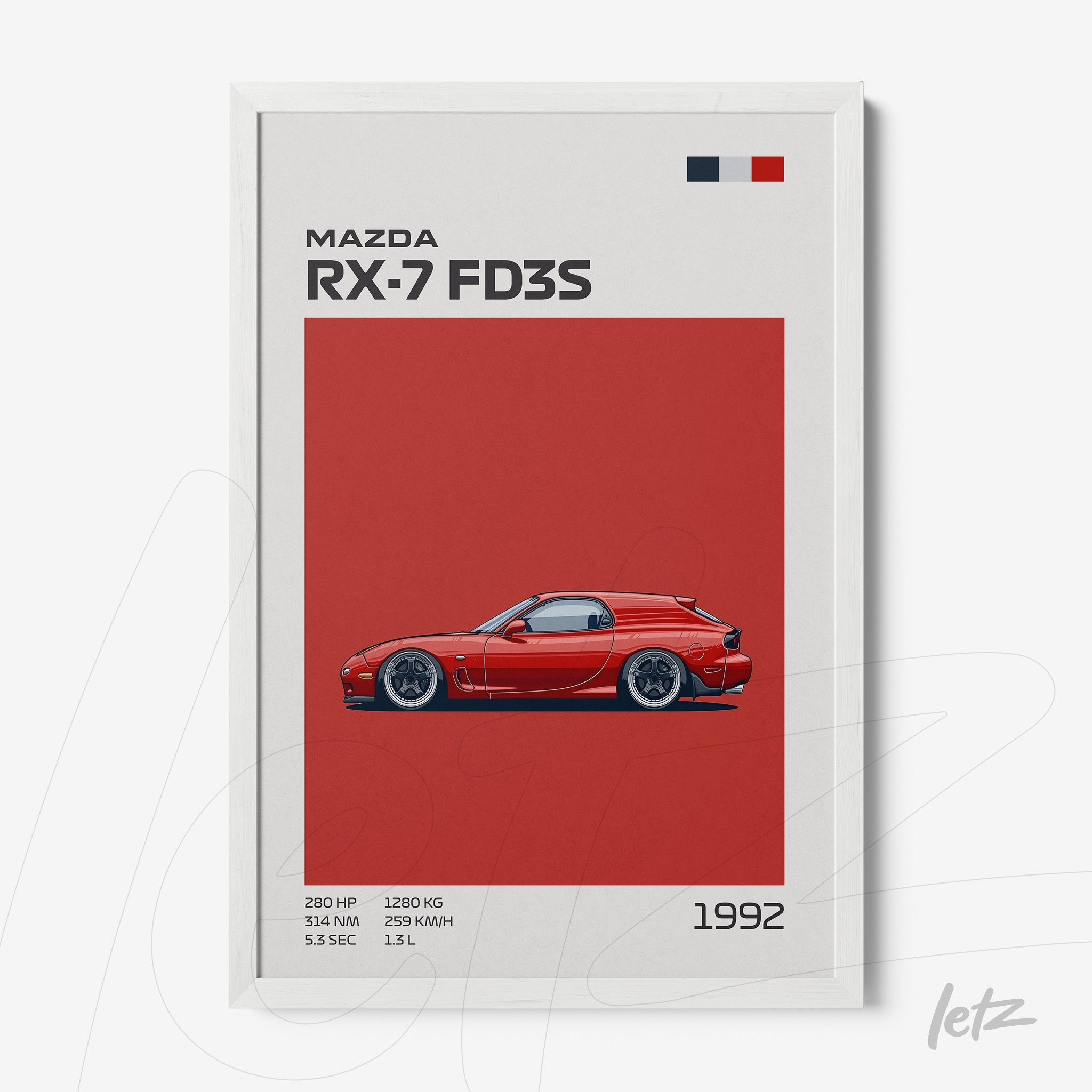 quadro com ilustração do carro Mazda RX-7 FD3S em fundo vermelho com moldura branca