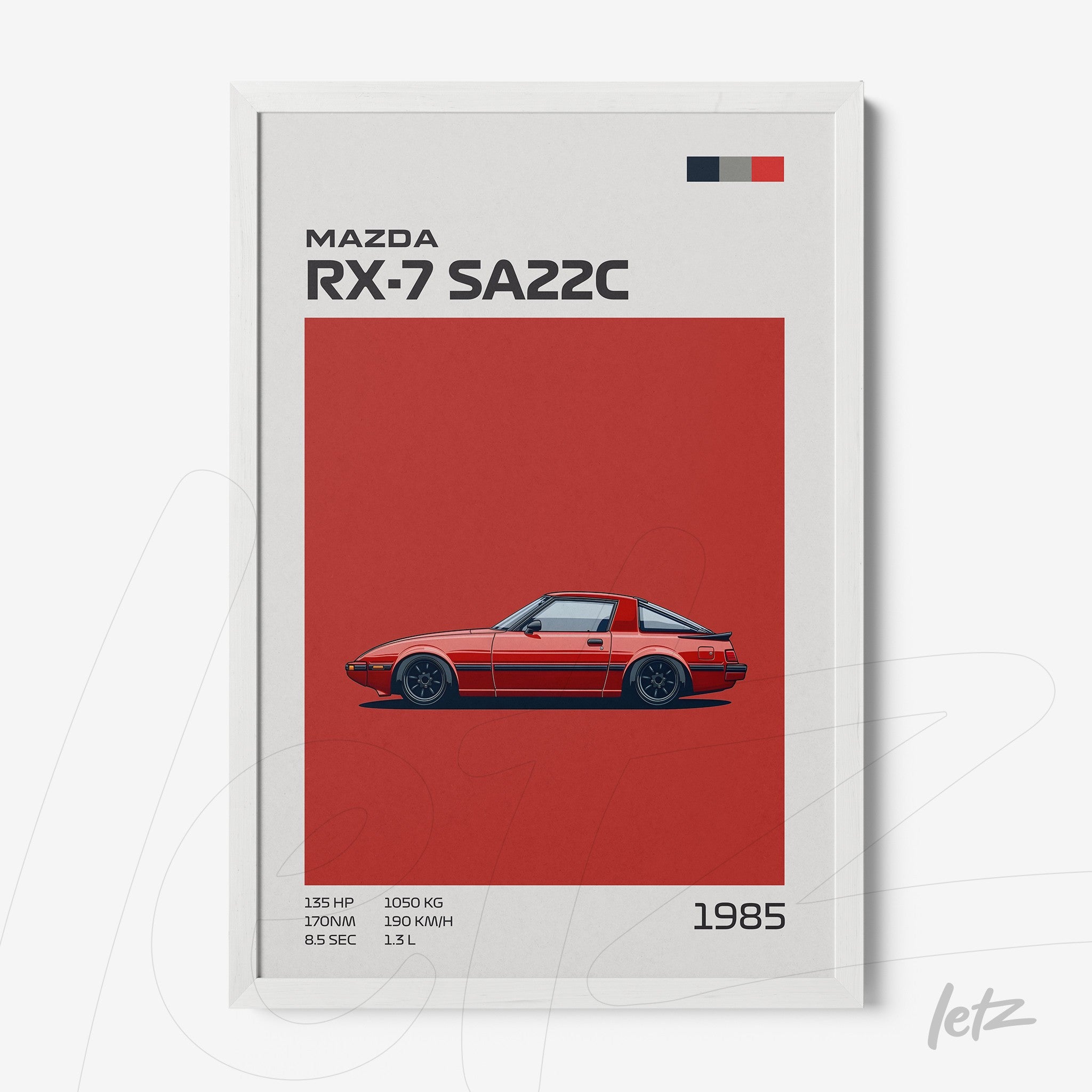 quadro com arte minimalista do carro Mazda RX-7 SA22C em moldura branca