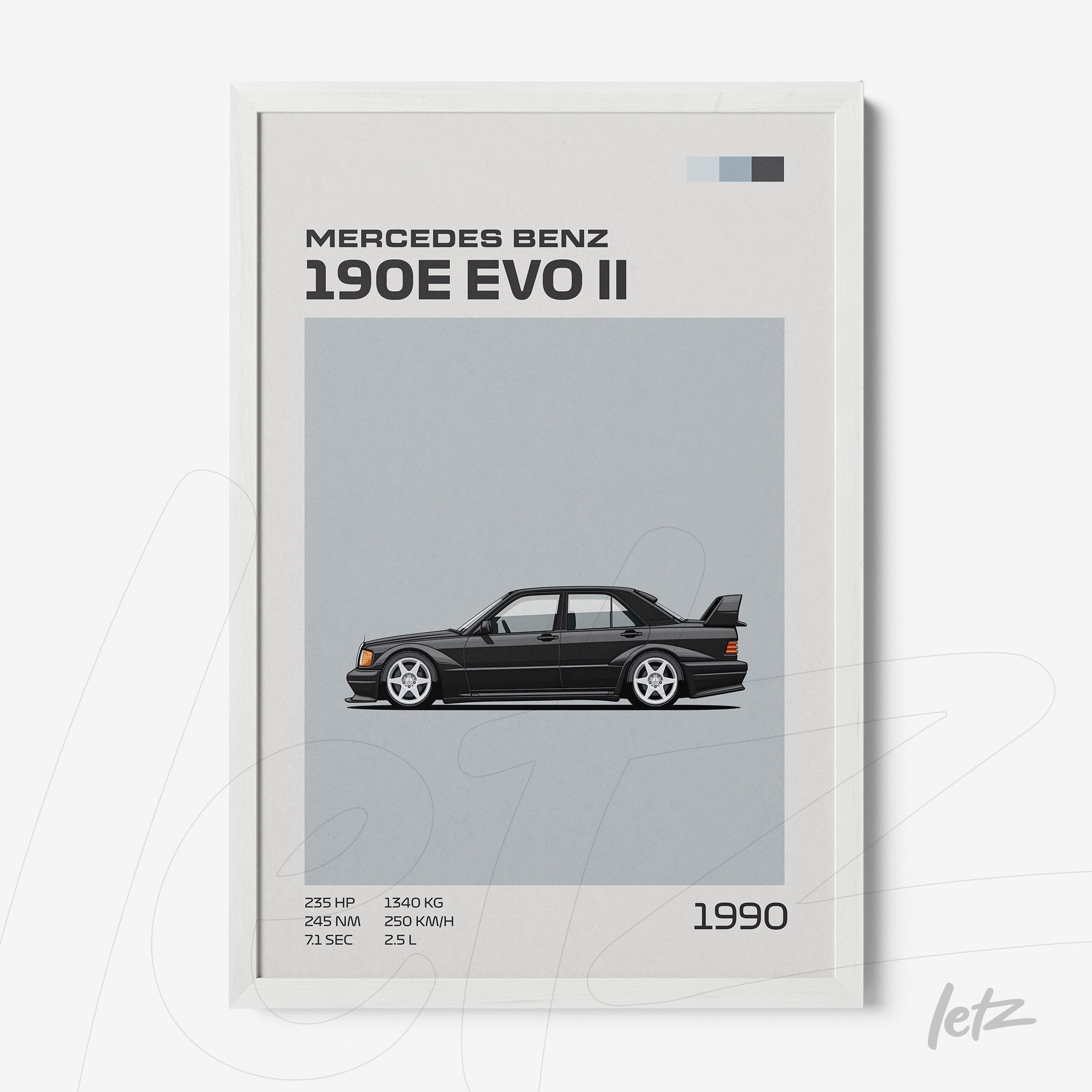 quadro com ilustração do carro Mercedes Benz 190E EVO II em moldura branca