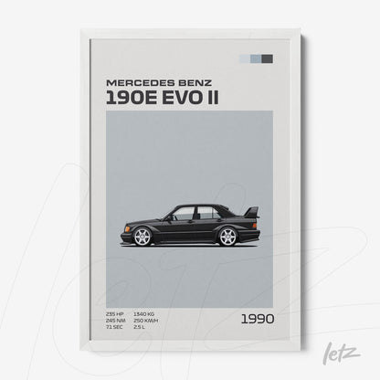 quadro com ilustração do carro Mercedes Benz 190E EVO II em moldura branca