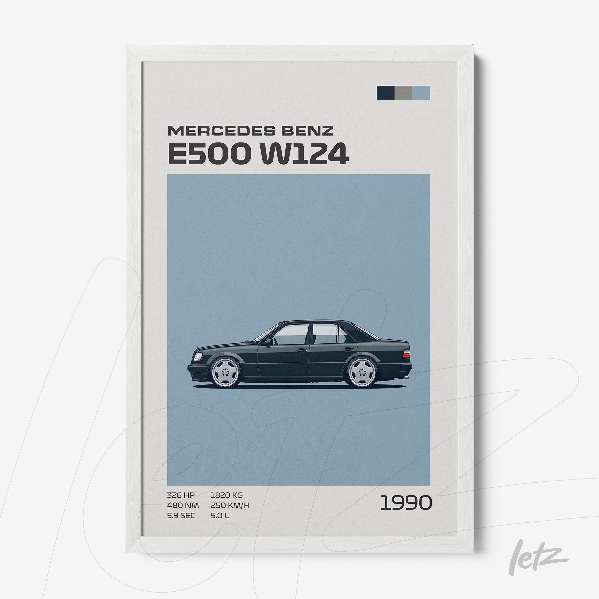 quadro com arte minimalista do carro Mercedes Benz E500 W124 em moldura branca