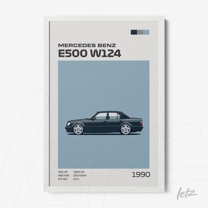 quadro com arte minimalista do carro Mercedes Benz E500 W124 em moldura branca