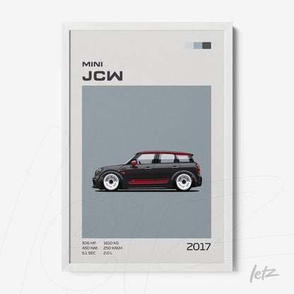 quadro com ilustração de carro esportivo Mini JCW 2017 em moldura branca