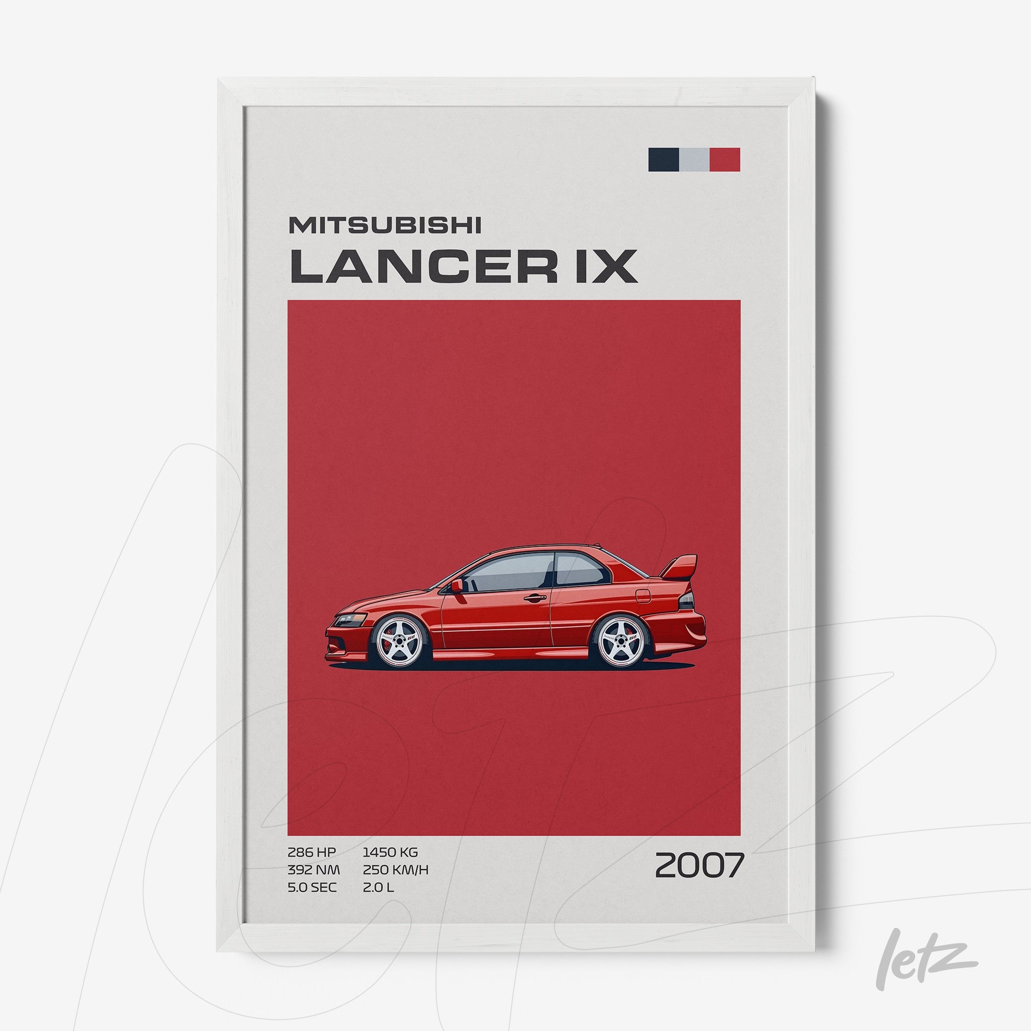 quadro com arte estilizada do carro Mitsubishi Lancer IX de 2007 em uma moldura branca