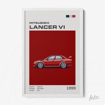 quadro com ilustração do carro Mitsubishi Lancer VI em fundo vermelho e moldura branca