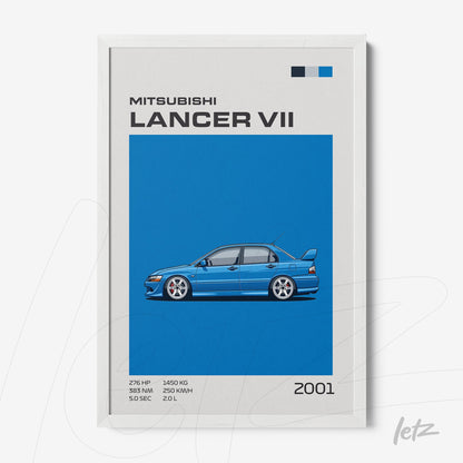 quadro com arte digital do carro Mitsubishi Lancer VII em moldura branca, fundo azul vibrante com ilustrações e detalhes técnicos ao lado