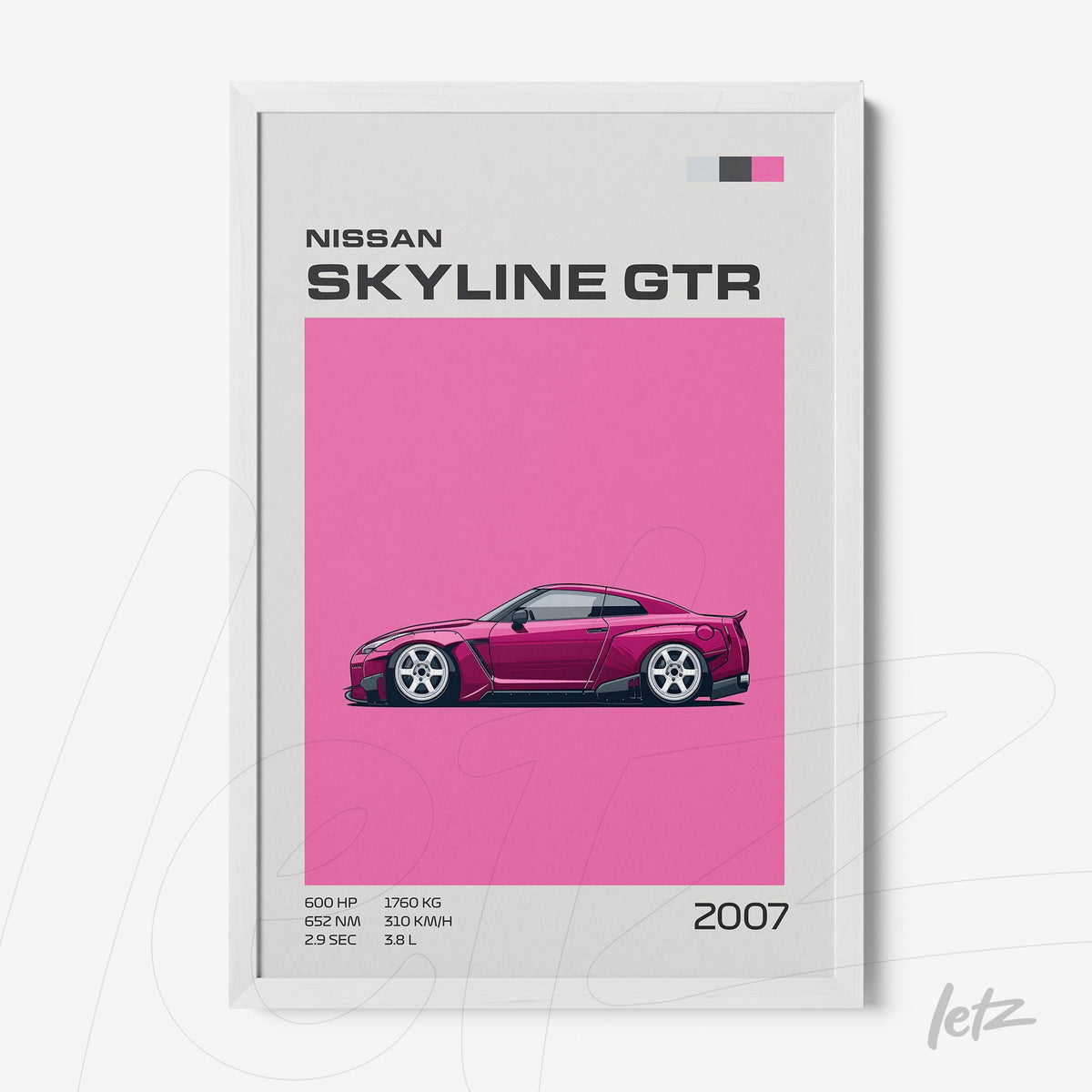quadro com ilustração estilizada do carro Nissan Skyline GTR em fundo rosa e moldura branca