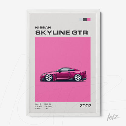 quadro com ilustração estilizada do carro Nissan Skyline GTR em fundo rosa e moldura branca