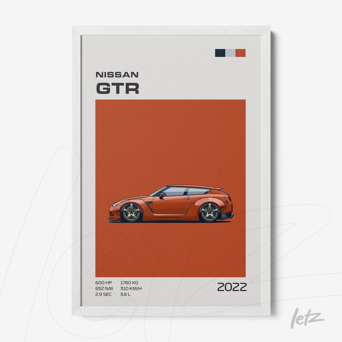 quadro com arte de carro esportivo Nissan GTR em moldura branca com fundo laranja