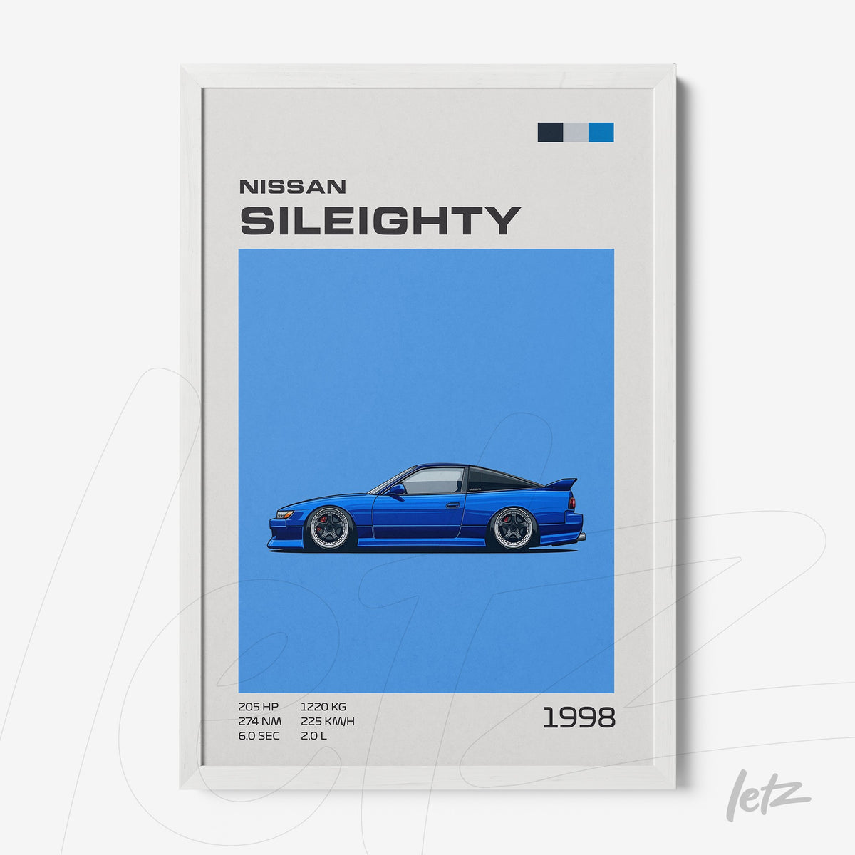 quadro com ilustração do carro Nissan Sil80 em estilo gráfico minimalista com fundo azul
