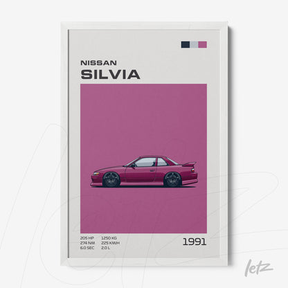 quadro com arte digital do carro Nissan Silvia de 1991 em moldura branca