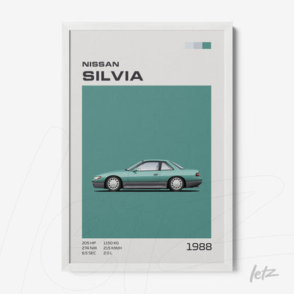 quadro emoldurado do carro Nissan Silvia de 1988 com fundo verde claro e detalhes gráficos em estilo minimalista