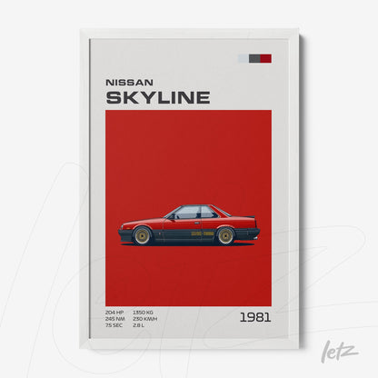 quadro com arte gráfica de um carro Nissan Skyline de 1981 em fundo vermelho com moldura branca