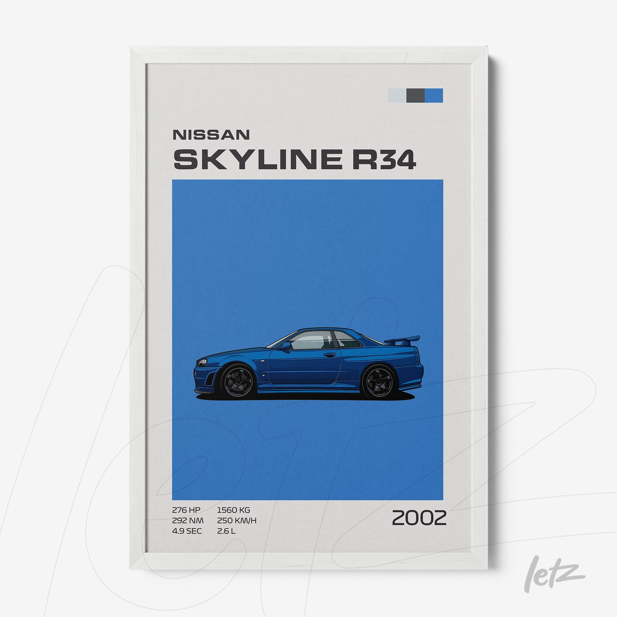 quadro com arte minimalista do carro Nissan Skyline R34 em fundo azul, moldura branca