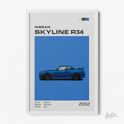 quadro com arte minimalista do carro Nissan Skyline R34 em fundo azul, moldura branca