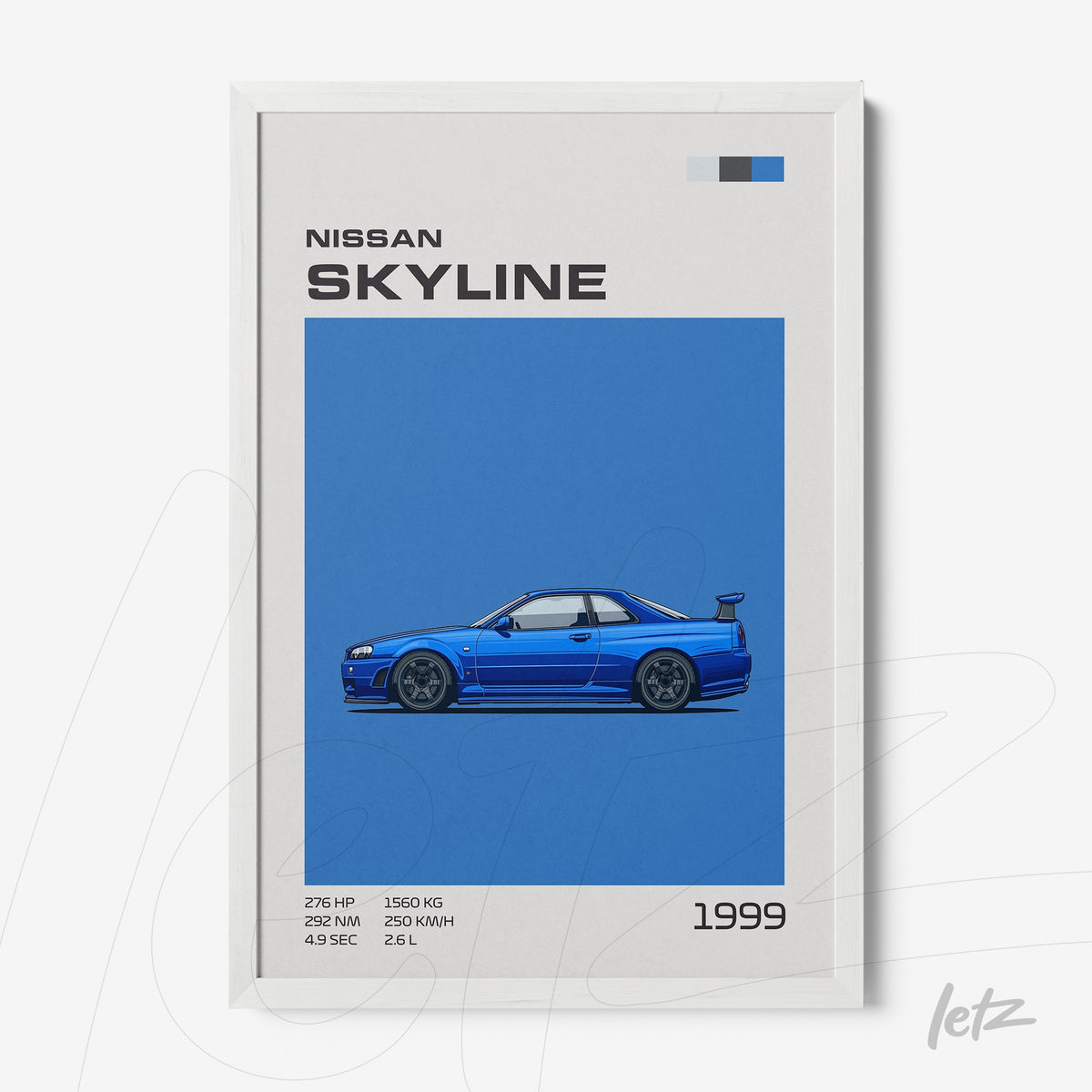 quadro com arte digital do carro Nissan Skyline de 1999 em fundo azul vibrante e moldura branca