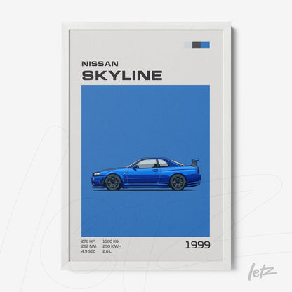 quadro com arte digital do carro Nissan Skyline de 1999 em fundo azul vibrante e moldura branca