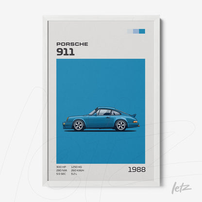 quadro com arte digital de um carro Porsche 911 azul em moldura branca