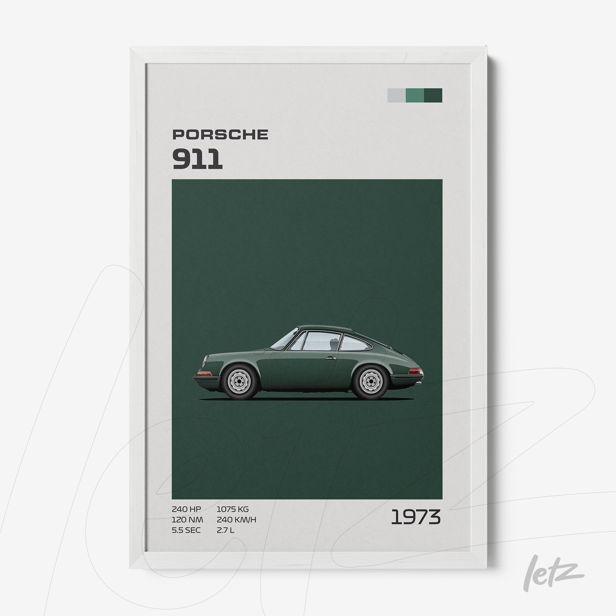 quadro com ilustração do carro clássico Porsche 911 em fundo verde escuro e moldura branca