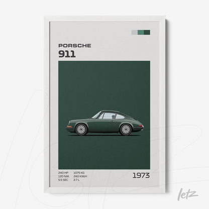 quadro com ilustração do carro clássico Porsche 911 em fundo verde escuro e moldura branca
