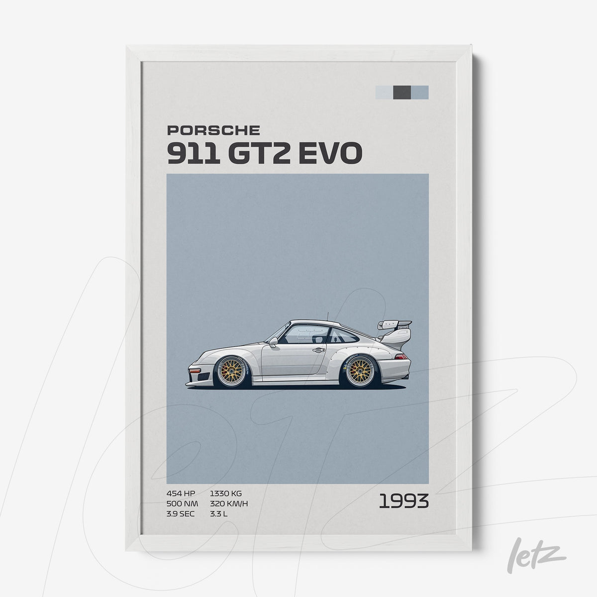 quadro com ilustração do carro esportivo Porsche 911 GT2 EVO em moldura branca, com fundo azul claro e texto descritivo em estilo minimalista