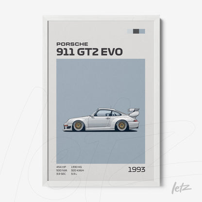 quadro com ilustração do carro esportivo Porsche 911 GT2 EVO em moldura branca, com fundo azul claro e texto descritivo em estilo minimalista