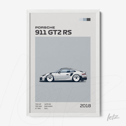 quadro com ilustração do Porsche 911 GT2 RS em moldura branca com fundo cinza