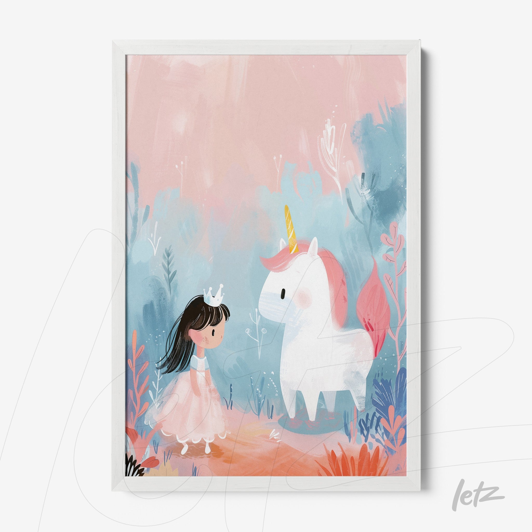 quadro com ilustração infantil de menina com vestido rosa e coroa interagindo com um unicórnio branco em fundo pastel