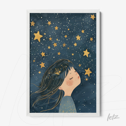 quadro com ilustração de uma garota sonhadora em meio a estrelas douradas contra um fundo azul escuro em moldura branca