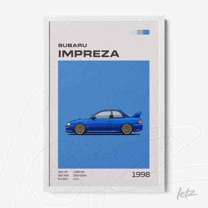 quadro com ilustração do carro Subaru Impreza azul em fundo azul claro e moldura branca