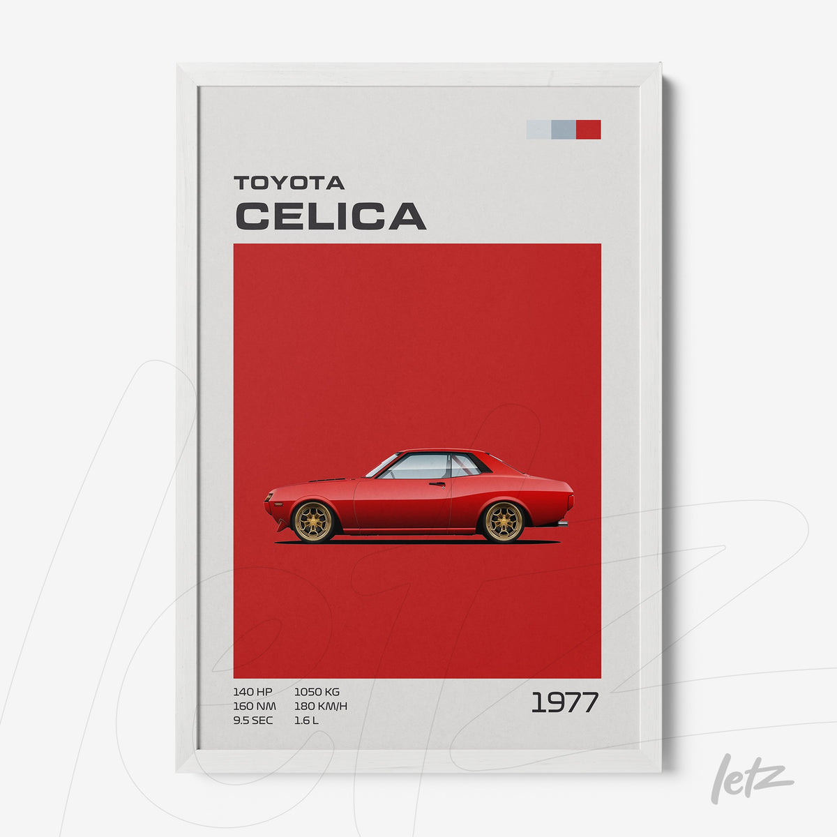 quadro com arte do carro Toyota Celica de 1977 em fundo vermelho vibrante com moldura branca