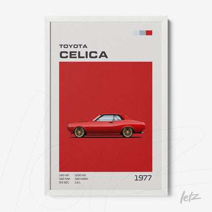quadro com arte do carro Toyota Celica de 1977 em fundo vermelho vibrante com moldura branca