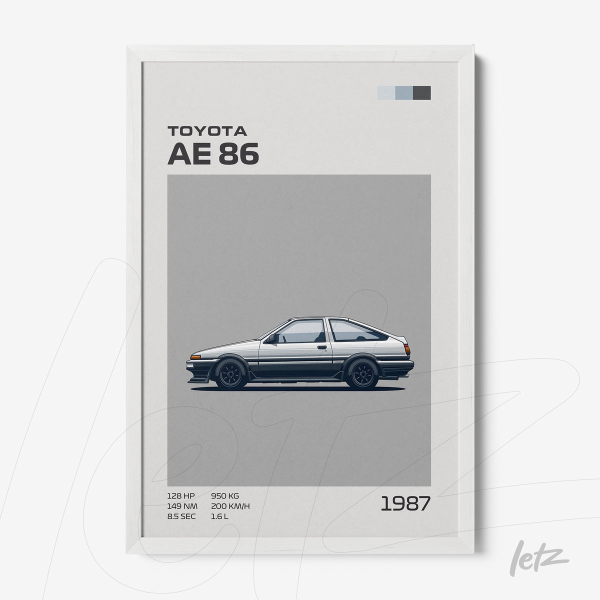 quadro com ilustração minimalista do carro Toyota AE 86 em fundo cinza, com moldura branca