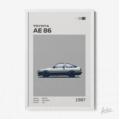 quadro com ilustração minimalista do carro Toyota AE 86 em fundo cinza, com moldura branca