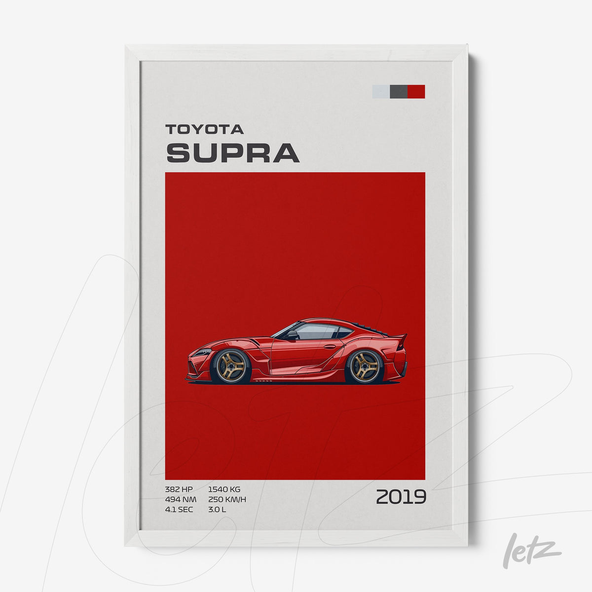quadro com ilustração estilizada do carro Toyota Supra 2019 em fundo vermelho vibrante e moldura branca