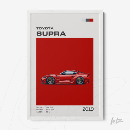 quadro com ilustração estilizada do carro Toyota Supra 2019 em fundo vermelho vibrante e moldura branca