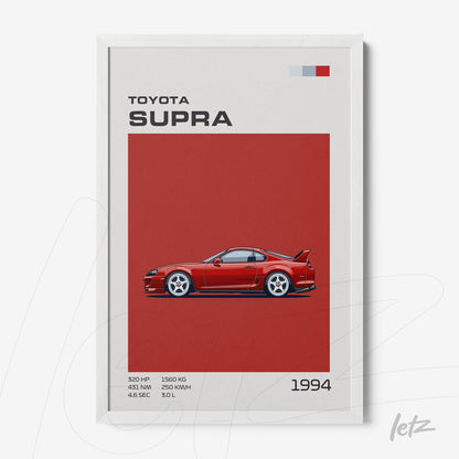 quadro com ilustração estilizada do carro Toyota Supra 1994 em moldura branca