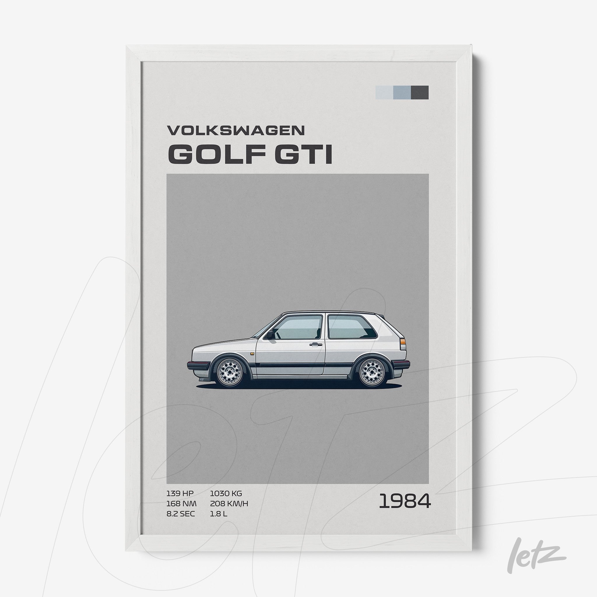 quadro com ilustração minimalista do carro Volkswagen Golf GTI de 1984 em moldura branca