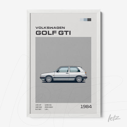 quadro com ilustração minimalista do carro Volkswagen Golf GTI de 1984 em moldura branca