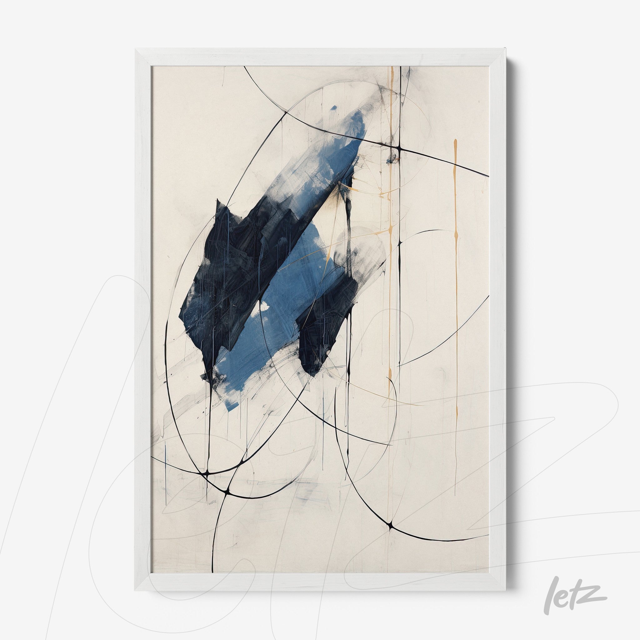 quadro com arte abstrata em tons de azul e preto em moldura branca