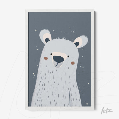 ilustração de urso polar estilizado com fundo cinza e moldura branca