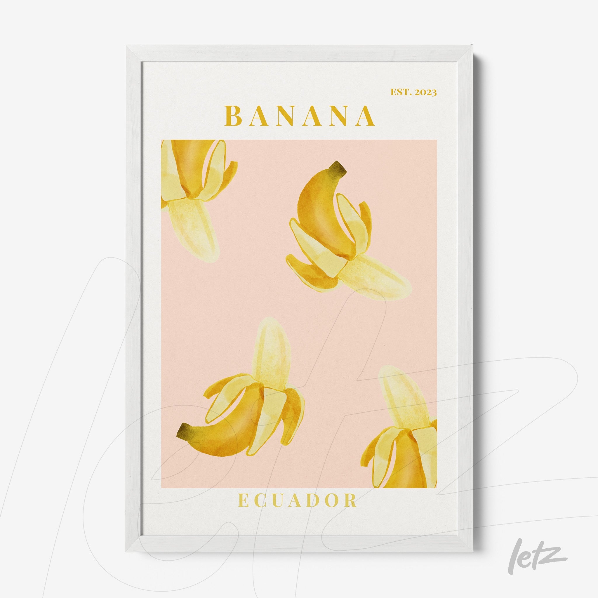 quadro com arte ilustrativa de bananas amarelas sobre fundo rosa com moldura branca