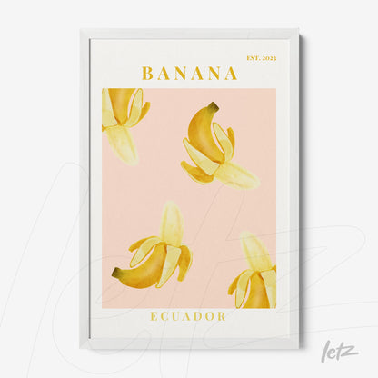 quadro com arte ilustrativa de bananas amarelas sobre fundo rosa com moldura branca