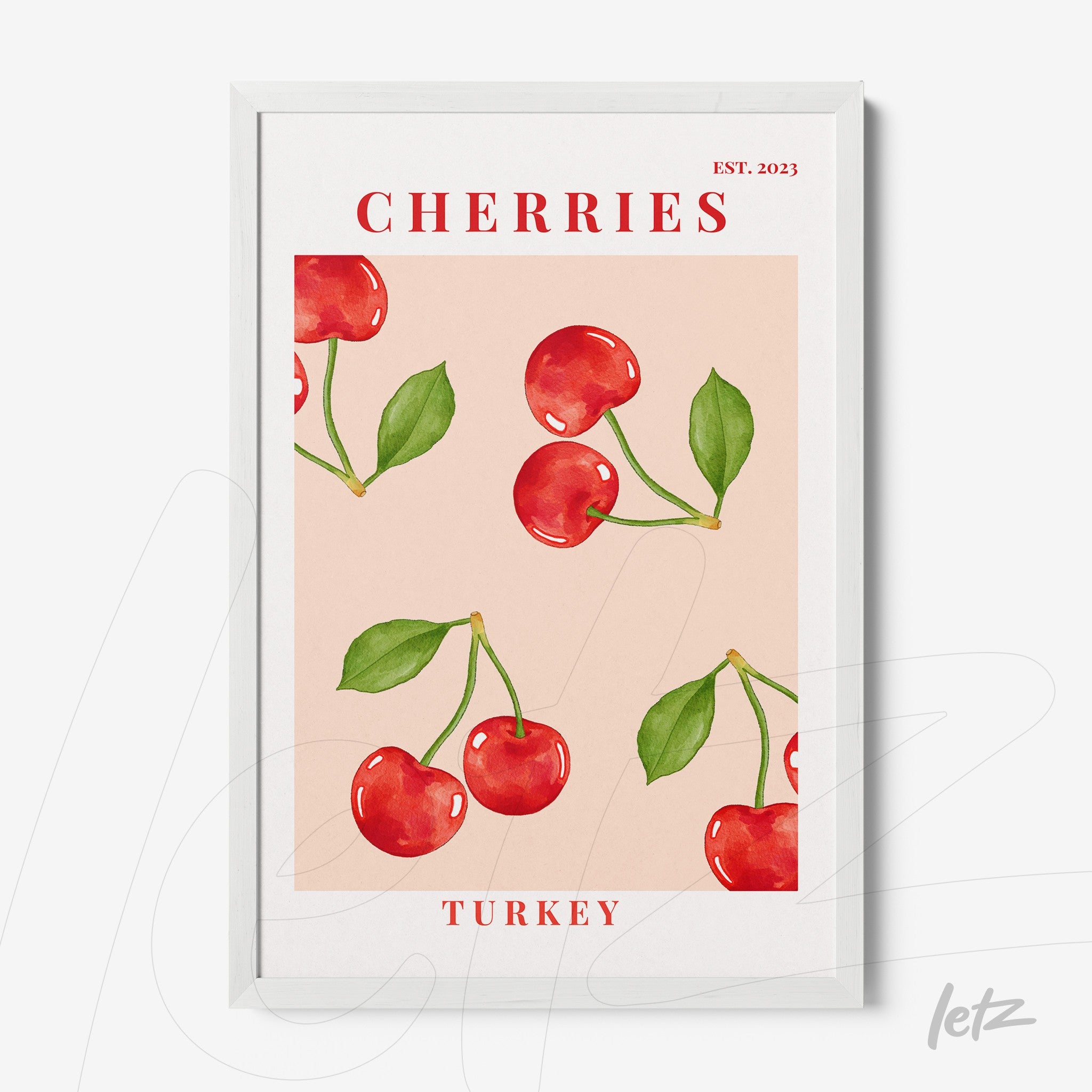quadro com arte de cerejas vermelhas em fundo rosa, moldura branca com texto que inclui 'Turkey' e 'Cherries'