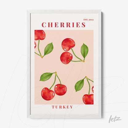 quadro com arte de cerejas vermelhas em fundo rosa, moldura branca com texto que inclui 'Turkey' e 'Cherries'