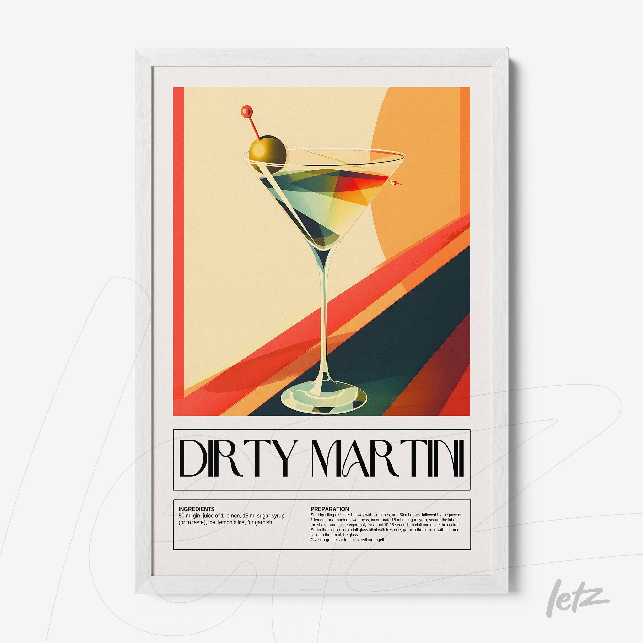 quadro com arte estilizada de drink dirty martini em moldura branca com fundo colorido