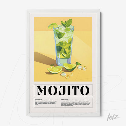 quadro com arte digital do drink mojito em moldura branca